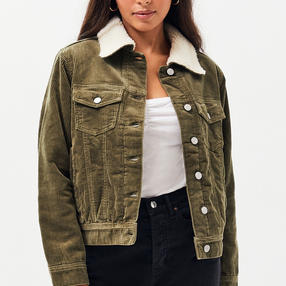 PacSun Sherpa Lined Corduroy Trucker Jacket Olive Green Regular Small